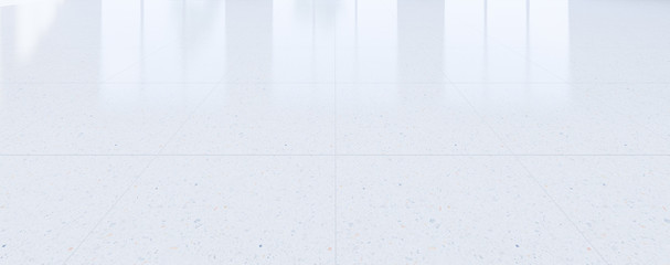 Terrazzo floor in perspective view and empty space inside room. Construction from marble, stone and concrete. Polished smooth to produce textured surface. For decoration interior exterior. 3d render.