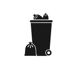 Full dustbin icon, wheelie bin and waste icon black isolated on white background, clip art of dustbin garbage full, trash bin flat for infographics, illustration draw of dumpster recycle bin simple