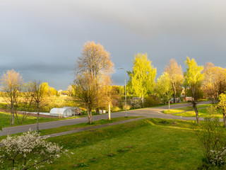 colorful landscape with colorful trees in the evening light, a small village view of the street