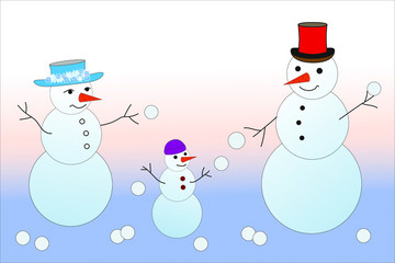 A family of three snowmen plays snowballs. Dad, mom, son.