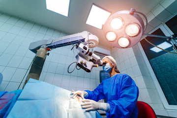 Microscope for ophthalmological eye correction. Laser eyesight operation.