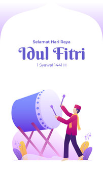 Eid mubarak of happy men playing bedug or drum for celebrating eid al fitr for potrait banner illustration