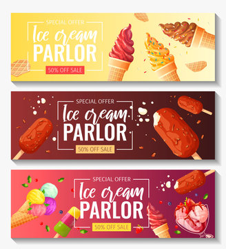 Set of banners with various ice cream. Ice cream parlor or shop, Sweet products, Dessert concept. Vector illustration for poster, banner, flyer, advertisement, commercial, menu. 