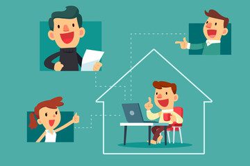 happy man working at home video calling with his colleague
