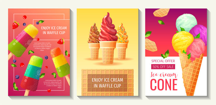 Set of flyers with various ice cream. Ice cream parlor or shop, Sweet products, Dessert concept. A4 vector illustrations for poster, banner, advertisement, commercial, menu, flyer, cover. 