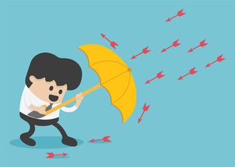 Young  businessman use umbrella to protecting arrow down vector