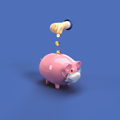 3d illustration of a hand dropping coin in a masked piggybank on blue isolated background top 3-4th view