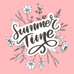 Green summer time letter flowers in modern style on colorful background. Greeting invitation vector illustration. Floral bouquet decoration. Decoration element.