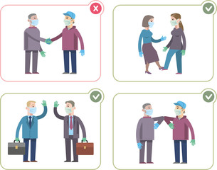 Methods of controlling and preventing infection, virus, coronavirus, flu. Ways of greeting: touching with your feet, elbow to elbow, non-contact. Flat infographic in vector style.