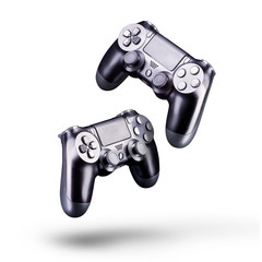 Set of black video game joysticks gamepad isolated on a white background