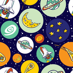 Fototapeta premium Vector colourful space shuttle blast off elements in circles repeat pattern. Great for kids school bags and wrapping paper or fabric.