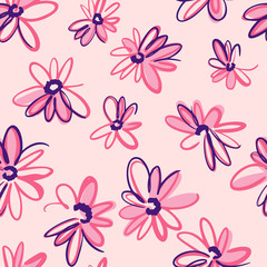Obraz na płótnie Canvas Bright spring nature background. Ditsy seamless pattern made of artistic meadow daisy flowers. Petals and buds. Felt tip pen. Outline flat sketch drawing.