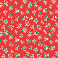 Bright spring nature background. Ditsy seamless pattern made of daisy flower buds. Small daisies in simple vintage style. Felt tip pen. Sketch design, outline drawing. For textile, fabric, fashion.