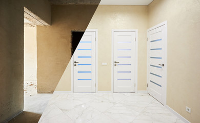 Horizontal snapshot of a room in a big apartment, before and after renovation works, modernized light corridor with many closed white doors and beige walls