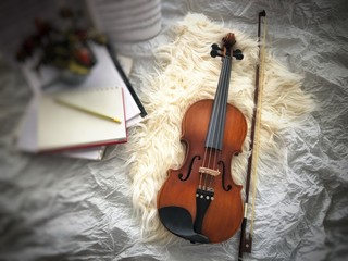 Fototapeta na wymiar violin and bow put on background ,prepare for practice