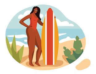 Color vector illustration in a flat style. Beautiful girl in a swimsuit on the beach. A girl with a surfboard stands on the sand. Slender tanned woman on vacation. Vacation landscape