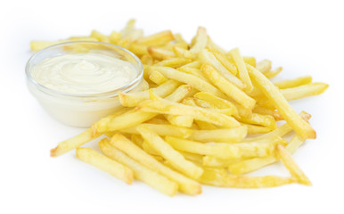 Crispy French Fries isolated on white background (close-up shot)