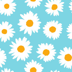Fototapeta premium Chamomile flowers on blue background. Seamless pattern. Hand drawn vector illustration. Trendy texture for print, textile, packaging, wallpaper.