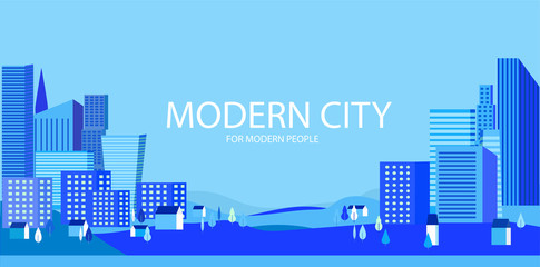 Obraz premium City silhouette and suburb in blue. Heights, trees, workers' homes and office buildings. City between two hills. With space for text. Vector illustration of flat style. Can be banner, header, brochure