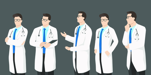 Set of male doctor in modern flat style, nurse, pharmacist, simple medical concept isolated on white background.