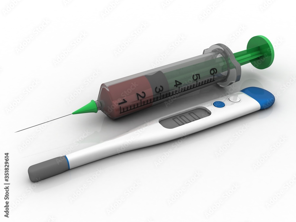 Poster 3d rendering electrical thermometer with syringe