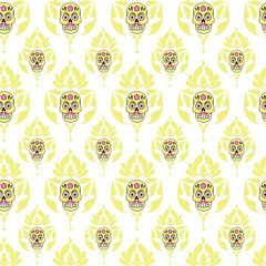 Vector gothic pastel yellow sugar skull with damask seamless pattern background on white surface