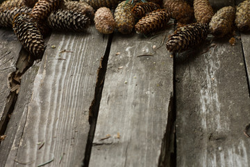 Wood table with fir cones horizontal