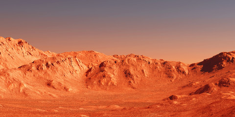 Mars landscape, 3d render of imaginary mars planet terrain, science fiction illustration. © Cobalt