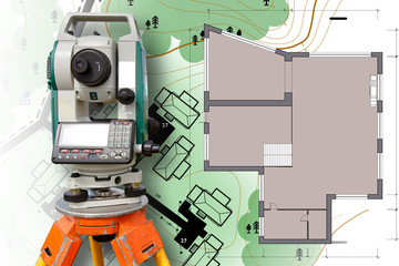 Cartography and geodesy. Work of a surveyor. Measuring equipment in construction. Mapping. Theodolite on the map background. Theodolite near the layout of the house.
