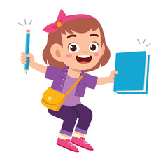 happy cute student kid girl with book and pencil
