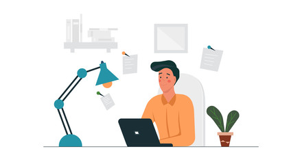 Telecommuting business job man concept vector illustration with laptop. Computer technology remote working from home. Online freelance network desk workplace with chair. Sitting telework distance