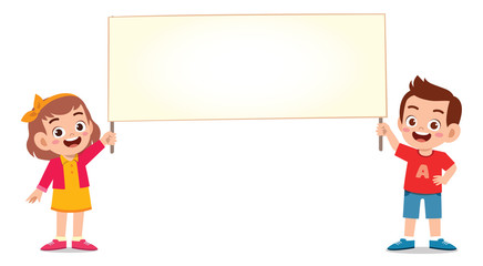 happy cute kid boy and girl holding blank banner