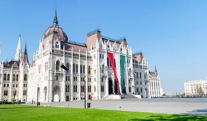 Parlament of Budapest with black flag, Hungary.