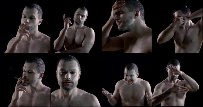 crazy man with white greasepaint on face and body is posing, collage of portraits