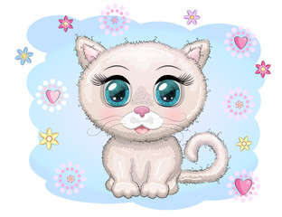 Cute cartoon pink cat, kitten on a background of flowers among butterflies