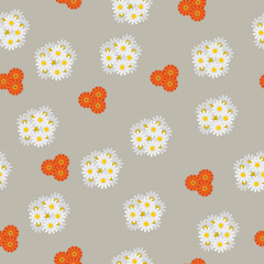 Bouquet of chamomiles and gerberas of different sizes on a gray background. Floral seamless pattern. Vector illustration