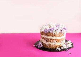 Biscuit cake with sour cream, soaked in coconut shavings and pineapples, on a light pink background.
