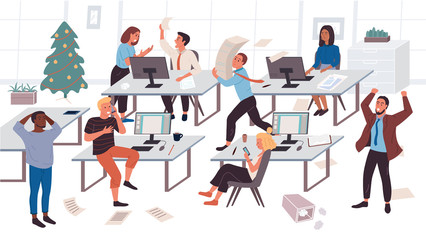 The concept of workflow disorganization. Chaos in the office. The chief yells at his subordinates. Conflict of colleagues at work. Procrastination. Deadline Situation. Flat Cartoon Vector Illustration