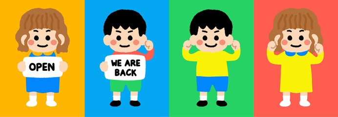 Kids with unprotection mask flat vector illustrations set. Group of children wearing medical masks to prevent disease, flu, air pollution, contaminated air, world pollution holding a reopening banner.