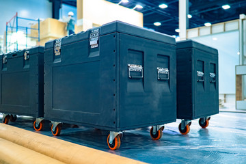 Cases for musical equipment. Sound equipment is packed in protective boxes. Boxes for transporting...