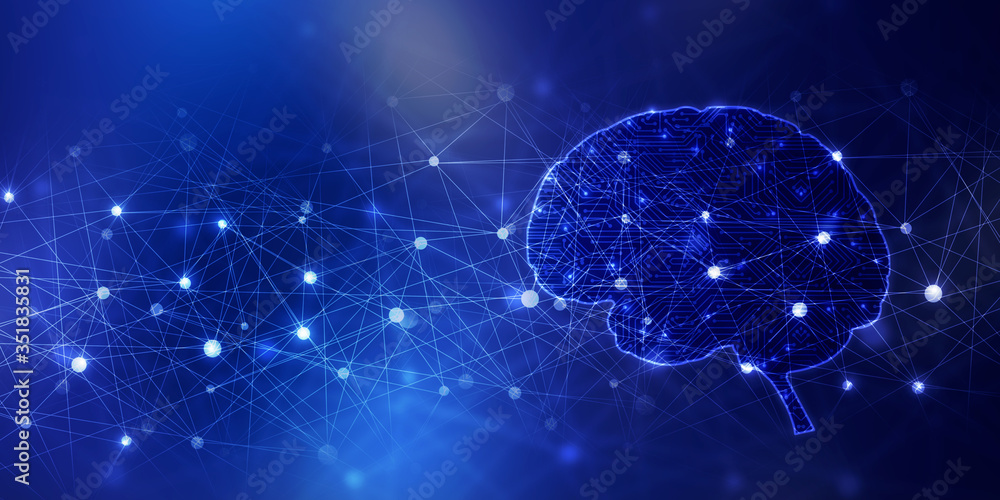 Poster 2d illustration concept of thinking, background with brain, abstract artificial intelligence. techno