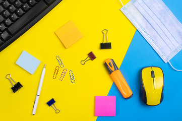 flat lay workspace yellow computer mouse, office accessory