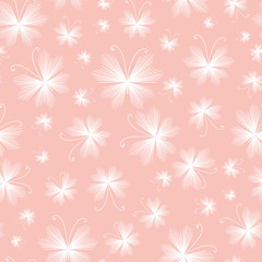 White delicate butterflies seamless vector pattern on a pink. Decorative girly surface print design. For backgrounds, fabrics, stationery, wedding gift wrapping paper, and wellness packaging.