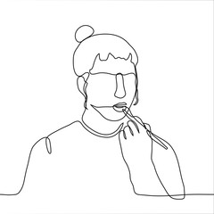 A girl with a bun of hair is applying a tint to her lips with a makeup brush. One continuous line art female beauty blogger paints lips. Can be used for animation.