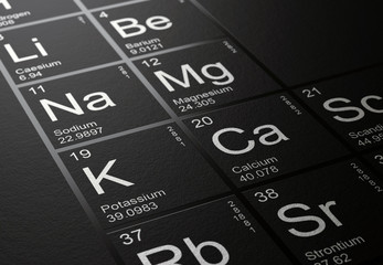 Close up on Potassium, Calcium, Sodium and Magnesium elements on beautiful black periodic table 3D render - 351836635