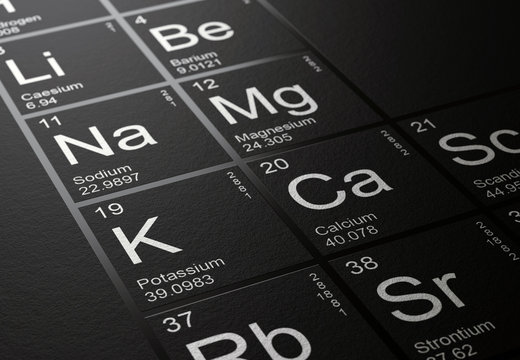 Close up on Potassium, Calcium, Sodium and Magnesium elements on beautiful black periodic table 3D render