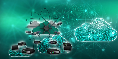 3d illustration Space satellite orbit with cloud lock around wifi modem