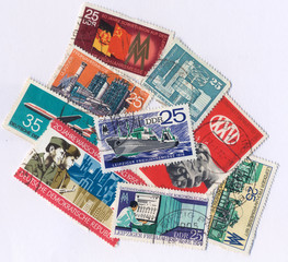 Set, collage of  old postage stamps of the GDR of the Soviet period. CIRCA 1970-80