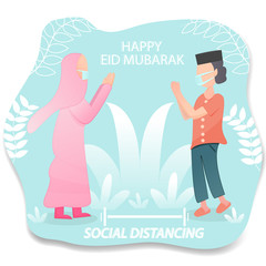 illustration of keeping a social distance. the concept of a greeting card Eid al-Fitr. effect of the pandemic virus. flat style design
