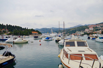 Famous landmark Franjo Tudman Bridge in port of Dubrovnik, Croatia with harbor and panoramic scenic...